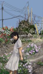  1girl arms_behind_back black_hair braid cigarette closed_eyes commentary_request day dress flower from_side highres holding holding_cigarette minahamu original outdoors power_lines simple_flower sky solo twin_braids white_dress 