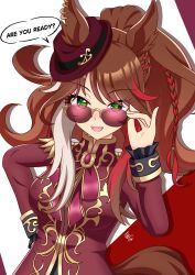  1girl absurdres adjusting_eyewear animal_ears braid breasts brown_hair burning_as_one_(umamusume) coat ears_through_headwear epaulettes fedora forever_young_(umamusume) green_eyes hat highres horse_ears horse_girl jewelry long_hair looking_at_viewer medium_breasts multicolored_hair open_mouth ponytail purple-tinted_eyewear red-tinted_eyewear red_coat red_streaks smile solo speech_bubble streaked_hair sunglasses teeth tinted_eyewear umageemu umamusume upper_teeth_only white_streaks 