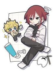  !? 2boys :t absurdres aqua_eyes asymmetrical_hair black_outline black_pants black_shirt blonde_hair blush_stickers border cavity chibi commentary ensemble_stars! figure_four_sitting green_streaks grid_background hand_on_own_cheek hand_on_own_face harukawa_sora highres holding holding_toothbrush hood hoodie invisible_chair jacket layered_sleeves long_sleeves male_focus multicolored_hair multiple_boys no_shoes notice_lines open_clothes open_jacket open_mouth outline outside_border pa8nu pants pickaxe red_hair sakasaki_natsume shirt short_eyebrows short_hair sitting socks sparkle squiggle streaked_hair tearing_up tooth toothache toothbrush toothpaste untranslatable_commentary v-shaped_eyebrows white_background white_border white_jacket white_socks white_streaks yellow_eyes yellow_hoodie 