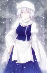  crote dress hand_on_hip hat highres hips large_breasts lavender_hair letty_whiterock purple_eyes short_hair snowing solo touhou violet_eyes 