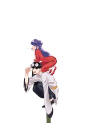  1boy 1girl absurdres black_hair black_pants black_shoes blush chinese_clothes commentary_request double_bun eyewear_on_head gaku_(ukagsan) glasses hair_bun highres long_hair mousse_(ranma_1/2) pants purple_hair ranma_1/2 red_pants red_shirt red_shoes shampoo_(ranma_1/2) shirt shoes simple_background sleeves_past_fingers sleeves_past_wrists standing_on_person white_background wide_sleeves 