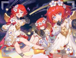  3girls absurdres black_gloves blue_eyes cross-shaped_pupils dongxu dress flower gloves hair_flower hair_ornament hair_over_one_eye head_wreath highres honkai:_star_rail honkai_(series) multiple_girls open_mouth pointy_ears red_hair short_hair siblings symbol-shaped_pupils trianne_(honkai:_star_rail) tribbie_(honkai:_star_rail) trinnon_(honkai:_star_rail) triplets white_dress 