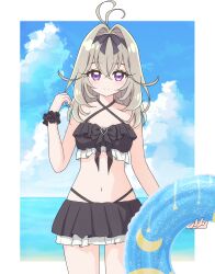  1girl absurdres alternate_costume antenna_hair blush closed_mouth collarbone commentary_request grey_hair hair_between_eyes hair_ornament highres innertube looking_at_viewer meitantei_precure! moria_luluka navel ocean precure sizuki_haru smile solo swim_ring swimsuit violet_eyes 
