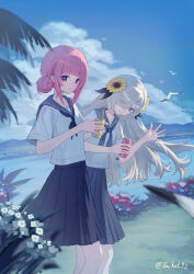  2girls absurdres beach bird black_skirt blue_neckerchief blue_sailor_collar blue_sky blush braid can clouds cloudy_sky collarbone commentary_request day double_bun eyes_visible_through_hair fingernails flower grey_eyes grey_hair grin hair_bun hair_flower hair_ornament hair_over_one_eye highres holding holding_can isekaijoucho kaf_(kamitsubaki_studio) kamitsubaki_studio long_hair looking_at_viewer medium_hair multiple_girls nail_polish neckerchief ocean outdoors palm_tree pink_hair pink_nails pleated_skirt red_eyes sailor_collar salute sand school_uniform seagull serafuku short_sleeves skirt sky smile sunflower sunflower_hair_ornament tree twitter_username unikat92 violet_eyes virtual_youtuber white_flower white_serafuku yellow_pupils 