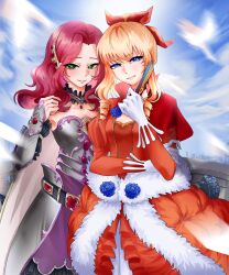  2girls absurdres armor artist_request balcony belt bird black_belt black_skirt black_sleeves blue_eyes blue_flower blue_rose blue_sky breastplate breasts chinese_commentary choker clouds cloudy_sky collared_dress commentary_request commission cowboy_shot crossover day detached_sleeves dress drill_hair flower folding_fan frilled_choker frills fukushuu_wo_koinegau_saikyou_yuusha_wa_yami_no_chikara_de_senmetsu_musou_suru gem gloves gold_trim green_eyes grey_armor hair_ribbon hand_fan hand_up high_collar highres holding holding_fan juliet_sleeves long_dress long_sleeves lying malty_s_melromarc medium_breasts medium_hair metal_choker motion_blur multiple_girls orange_hair outdoors parted_lips pleated_skirt princess princess_victoria_(fukushuu_wo_koinegau_saikyou_yuusha_wa_yami_no_chikara_de_senmetsu_musou_suru) puffy_sleeves purple_choker purple_dress purple_trim red_dress red_gem red_hair red_ribbon ribbon rose second-party_source sidelocks skirt sky small_breasts smile tassets tate_no_yuusha_no_nariagari trait_connection twin_drills vambraces variant_set white_fur white_gloves 