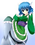  1girl blue_eyes blue_hair frills head_fins japanese_clothes mermaid monster_girl nitoridio solo touhou wakasagihime wide_sleeves 