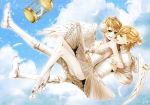  1girl absurdres ballet blonde_hair blue_eyes brother_and_sister cage cloud clouds dancing earmuffs feathers hair_ornament hairclip headdress highres jewelry kagamine_len kagamine_rin necklace official_art short_hair siblings sky suzunosuke_(sagula) tutu twins vocaloid wings 
