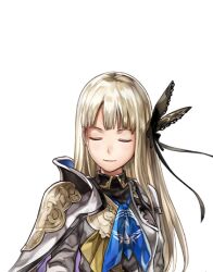  1girl another_eden another_eden_art_team blonde_hair blue_neckerchief breasts butterfly_hair_ornament cloak closed_eyes closed_mouth coat collared_dress dress hair_ornament isuka_(another_eden) large_variant_set long_hair long_sleeves lowres medium_breasts neckerchief official_art open_clothes open_coat simple_background solo tachi-e third-party_source transparent_background upper_body variant_set white_cloak white_coat white_dress 