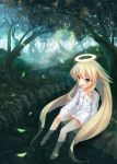  1girl angel angelia_avallone arcana_heart barefoot blonde_hair blush child dress_shirt fang feet_in_water forest halo highres leaf long_hair nature open_mouth partially_submerged re:n_ne red_eyes river shirt sitting slit_pupils smile soaking_feet solo stream tree very_long_hair water 