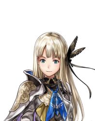  1girl another_eden another_eden_art_team aqua_eyes blonde_hair blue_neckerchief breasts butterfly_hair_ornament cloak closed_mouth coat collared_dress dress hair_ornament isuka_(another_eden) large_variant_set long_hair long_sleeves lowres medium_breasts neckerchief official_art open_clothes open_coat simple_background smile solo tachi-e third-party_source transparent_background upper_body variant_set white_cloak white_coat white_dress 