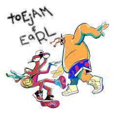  2boys black_shoes character_name colored_skin copyright_name earl_(toejam_&amp;_earl) english_text gloves hat highres medallion multicolored_shoes multiple_boys neal_d._anderson no_humans orange_skin red_shoes red_skin shoes shorts simple_background sunglasses toejam_&amp;_earl toejam_(toejam_&amp;_earl) two-tone_shoes white_background white_gloves white_hat white_shoes 