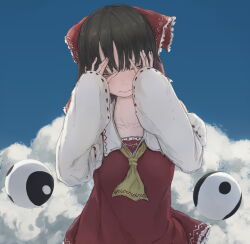  1girl ascot black_hair closed_mouth clouds cloudy_sky collarbone commentary_request detached_sleeves hair_ribbon hair_tubes hakurei_reimu half-closed_eyes hands_on_own_face highres orb red_ribbon red_shirt ribbon shirt short_hair sky solo touhou upper_body wide_sleeves yellow_ascot yin_yang yin_yang_orb yukima_(yushika) 