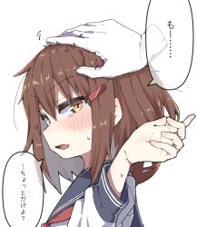  1girl 1other blue_sailor_collar blush brown_eyes brown_hair commentary_request disembodied_hand fang from_side hair_between_eyes hair_ornament hairclip hand_on_another's_head headpat ikazuchi_(kancolle) jewelry kantai_collection long_sleeves looking_at_viewer neckerchief open_mouth red_neckerchief ring sailor_collar sakana_tsuri school_uniform serafuku shirt short_hair simple_background skin_fang solo_focus speech_bubble upper_body white_background 