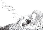  ascot bangs flower flower_bed frills half-closed_eyes hand_on_own_chest kazami_yuuka lily_(flower) lips lying monochrome on_back outstretched_arm parted_lips sawasawa short_hair short_sleeves solo touhou vest vines youkai 