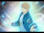  blonde_hair blue_eyes blue_jacket bomber_jacket glowing glowing_eyes jacket keith_goodman letterboxed light_particles male morino_mizu short_hair solo tiger_&amp;_bunny 