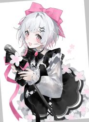  1girl :d black_bow black_bowtie black_dress bow bowtie dress flower-trimmed_dress frilled_dress frills gem gradient_hair hair_bow hair_ornament highres holding holding_microphone_stand karaoke_manekineko mahou_shoujo_no_majo_saiban microphone_stand multicolored_hair open_mouth pink_bow pink_eyes pink_gem pink_hair poia sakuraba_ema short_hair smile solo two-tone_dress white_dress white_hair x_hair_ornament 