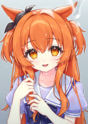  1girl akagi_meito animal_ears blush bow bowtie commentary_request hair_between_eyes highres horse_ears horse_girl long_hair looking_at_viewer mayano_top_gun_(umamusume) open_mouth orange_eyes orange_hair puffy_short_sleeves puffy_sleeves purple_bow purple_bowtie purple_shirt sailor_collar sailor_shirt school_uniform shirt short_sleeves smile solo tracen_school_uniform two_side_up umamusume upper_body wet wet_clothes wet_face wet_hair white_sailor_collar 