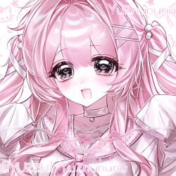  1girl absurdres artist_name black_eyes blush choker collarbone double-parted_bangs hair_bobbles hair_intakes hair_ornament heart heart_in_eye highres long_hair long_sleeves looking_at_viewer neckerchief open_mouth original pink_hair pink_neckerchief portrait sailor_collar shirt sleeves_past_fingers sleeves_past_wrists smile solo symbol_in_eye two_side_up watermark white_choker white_shirt x_hair_ornament yuzi_zhi 