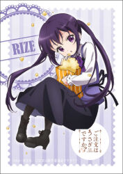  1girl :o black_pantyhose black_shoes black_skirt border bow bowtie character_name collared_shirt copyright_logo copyright_name copyright_notice food full_body gochuumon_wa_usagi_desu_ka? logo long_hair long_sleeves looking_at_viewer official_art pantyhose parted_lips popcorn purple_background purple_bow purple_bowtie purple_hair purple_vest rabbit_house_uniform shirt shoes skirt solo striped_background tedeza_rize twintails vest violet_eyes white_border white_skirt 