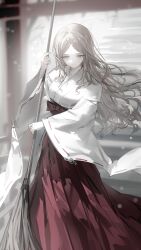  1girl absurdres bang_dream! bang_dream!_it's_mygo!!!!! blue_eyes brown_hair chinese_commentary closed_mouth commentary_request commission hakama hakama_skirt highres japanese_clothes long_hair luozhou_pile nagasaki_soyo parted_bangs pleated_skirt red_skirt second-party_source skirt solo white_background 
