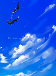  2boys absurdres black_jacket black_pants blue_sky brown_hair clouds commentary_request english_text erbai_qisan falling glasses grey_hair hanamura_yousuke headphones highres jacket male_focus multiple_boys narukami_yu pants persona persona_4 reaching reaching_towards_another school_uniform shoes sky white_shoes yasogami_school_uniform 