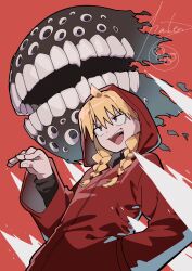  1girl absurdres ahoge blonde_hair braid commentary demon gabriel_(yomi_no_tsugai) gabu_(yomi_no_tsugai) hand_in_pocket hanten_(hantennano) highres hood hoodie open_mouth red_background red_eyes red_hoodie signature smile teeth twin_braids yomi_no_tsugai 