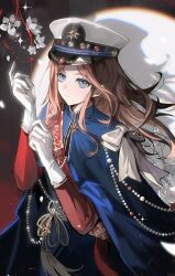  1girl absurdres adjusting_clothes adjusting_gloves alternate_costume artist_request bang_dream! bang_dream!_it's_mygo!!!!! blue_cape blue_eyes brown_hair cape chinese_commentary closed_mouth commentary_request commission flower gloves hands_up hat highres long_hair long_sleeves looking_at_viewer nagasaki_soyo peaked_cap second-party_source shadow sidelocks solo upper_body white_flower white_gloves white_hat 