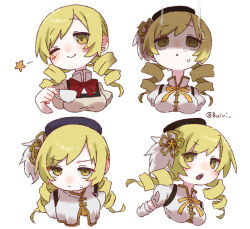  1girl artist_name black_hat blonde_hair bow bowtie buivi commentary_request cup drill_hair hat highres holding holding_cup looking_at_viewer magical_girl mahou_shoujo_madoka_magica mahou_shoujo_madoka_magica:_walpurgis_no_kaiten mahou_shoujo_madoka_magica_(anime) mitakihara_school_uniform multiple_views one_eye_closed open_mouth puffy_short_sleeves puffy_sleeves red_bow red_bowtie school_uniform short_sleeves simple_background smile star_(symbol) sweatdrop tomoe_mami tomoe_mami_(magical_girl) twin_drills upper_body white_background yellow_eyes 