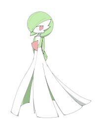  1girl absurdres arms_behind_back bob_cut colored_skin dress gardevoir green_hair green_skin hair_over_one_eye highres multicolored_skin pokemon pokemon_(creature) qsvr_9 simple_background smile two-tone_skin white_background white_dress white_skin 