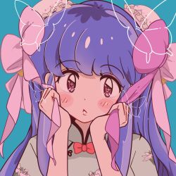  1girl absurdres blue_background bow bowtie bun_cover commentary double_bun hair_bun hands_on_own_cheeks hands_on_own_face highres long_hair looking_at_viewer nibo_ume_katsu purple_hair ranma_1/2 red_bow red_bowtie red_eyes shampoo_(ranma_1/2) sidelocks solo straight-on upper_body 
