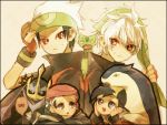  3boys bandanna baseball_cap dual_persona empoleon gold_(pokemon) hat kouki_(pokemon) lowres multiple_boys pokemon pokemon_(creature) pokemon_(game) pokemon_dppt pokemon_hgss pokemon_rse sceptile stone_(shirokanipe_ranran) typhlosion yuuki_(pokemon) 