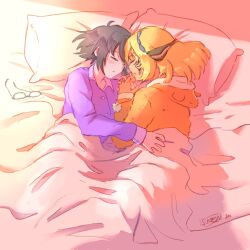  2girls artist_name blonde_hair celica_(xenoblade_x) closed_eyes collared_shirt cross_(xenoblade_x) fluffy_clothes grey_hair highres hood hooded_pajamas jewelry multiple_girls on_bed orange_pajamas pajamas pillow purple_pajamas purple_shirt reina_(reina_sakuraba) ring second-party_source shirt sleeping suneiaaa under_covers unworn_eyewear xenoblade_chronicles_(series) xenoblade_chronicles_x yuri 
