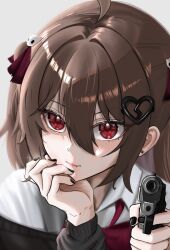  1girl ahoge aiming black_cardigan black_nails bow bowtie broken_heart broken_heart_hair_ornament cardigan closed_mouth collared_shirt commentary ear_piercing evil_neuro-sama evil_neuro-sama_(1st_costume) gun hair_between_eyes hair_ornament hair_ribbon hand_on_own_chin heart heart_hair_ornament highres holding holding_gun holding_weapon long_hair nail_polish off-shoulder_cardigan piercing pointing pointing_at_viewer portrait raily_x red_bow red_bowtie red_eyes red_ribbon ribbon shirt skull_hair_ornament solo two_side_up untranslatable_commentary vedal_ai virtual_youtuber weapon white_shirt 