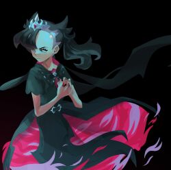  1girl black_background black_dress black_hair black_nails closed_mouth commentary commission dress earrings eyelashes highres holding holding_poke_ball jewelry long_hair looking_to_the_side marnie_(champion)_(pokemon) marnie_(marnielovesyou) marnie_(pokemon) nail_polish official_alternate_costume poke_ball poke_ball_(basic) pokemon pokemon_masters_ex short_sleeves solo tiara 