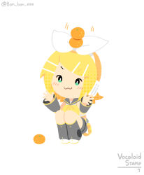  1girl :3 black_sailor_collar black_shorts blonde_hair blush bon_bon_eee bow bow_hairband chibi chibi_only commentary copyright_name detached_sleeves emphasis_lines english_commentary food fruit full_body green_eyes hair_ornament hairband hairclip highres mandarin_orange neckerchief parallel_hairclips sailor_collar shirt short_hair shorts simple_background sitting sleeveless sleeveless_shirt solo twitter_username vocaloid white_background white_bow white_shirt yellow_neckerchief 