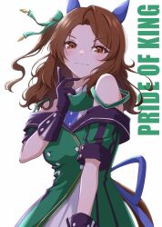  1girl animal_ears bare_shoulders black_gloves brown_eyes brown_hair buttons commentary_request dress ear_covers english_text gloves green_dress highres horse_ears horse_girl horse_tail king_halo_(king_of_emeralds)_(umamusume) king_halo_(umamusume) looking_at_viewer simple_background smile solo tail take20131004 umamusume white_background 