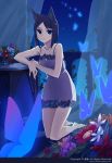  animal_ears bare_legs bare_shoulders barefoot black_hair blue_eyes butterfly chemise collarbone curtains flower highres kneeling looking_at_viewer original parted_lips see-through short_hair solo ssberit 
