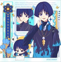  1boy ayacchirin black_sweater blue_hair blunt_ends chibi closed_mouth feathers genshin_impact headphones headphones_around_neck highres jewelry long_sleeves male_focus multicolored_sweater multiple_views necklace scaramouche_(genshin_impact) short_hair smile sweater tongue tongue_out violet_eyes wanderer_(genshin_impact) 