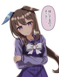  1girl admire_vega_(umamusume) animal_ears bow bowtie breasts brown_hair collarbone crossed_arms ear_covers ears_down hair_between_eyes horse_ears horse_girl horse_tail long_hair long_sleeves looking_at_viewer low_ponytail medium_breasts open_mouth pleated_skirt ponytail purple_sailor_collar purple_serafuku purple_shirt purple_skirt sailor_collar sailor_shirt school_uniform serafuku shirt single_ear_cover skirt solo tail tofu_thunder tracen_school_uniform umamusume violet_eyes white_bow white_bowtie 