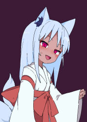  1girl :d alternate_color animal_ear_fluff animal_ears blue_hair blush bow commentary_request corruption dark-skinned_female dark_persona dark_skin empty_eyes fox_ears fox_girl fox_tail hakama hakama_skirt hand_up japanese_clothes kimono long_hair long_sleeves looking_at_viewer miko multiple_tails open_mouth original purple_background red_eyes red_hakama sakana_tsuri sidelocks simple_background skirt sleeves_past_wrists slit_pupils smile solo sweatdrop tail upper_body white_kimono wide_sleeves 