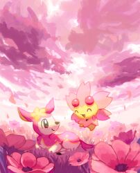  :d ^_^ aruco_co cherrim cherrim_(sunshine) closed_eyes deerling deerling_(spring) falling_petals field flower flower_field grass highres no_humans outdoors petals pink_flower pink_petals pink_sky pink_theme pokemon pokemon_(creature) pokemon_focus sky smile 