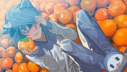  1boy black_hair blue_pants club_suicide commentary_request copyright_logo copyright_name food fruit grey_eyes hair_between_eyes highres holding holding_food holding_fruit hood hoodie logo looking_at_viewer male_focus official_art one_eye_covered orange_(fruit) pants slippers sokuse_kienta solo tearing_up wavy_eyes wavy_mouth white_hoodie zaizen_eba 