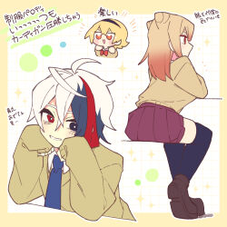  1boy 2girls ahoge black_hair black_thighhighs blonde_hair blue_eyes blue_necktie border brown_shoes brown_sweater chibi closed_mouth commentary_request cropped_torso crossed_bangs double-parted_bangs full_body grid_background grin hair_between_eyes head_rest heterochromia long_sleeves miniskirt multicolored_hair multiple_girls necktie nise_dorothia original outline outside_border pleated_skirt red_eyes red_skirt red_streaks shoes short_hair sitting skirt sleeves_past_wrists smile streaked_hair sweater thigh-highs translation_request white_background white_hair white_outline yellow_border 
