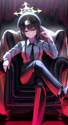  1girl absurdres armchair black_eyes black_hair blue_archive breasts bright_pupils chair coat commentary_request crossed_legs diagonal-striped_clothes diagonal-striped_necktie dress_shirt foot_out_of_frame green_hat green_necktie halo hand_up hat highres hiromi_(blue_archive) large_breasts looking_at_viewer necktie on_chair pants peaked_cap rubisco shirt short_hair sitting smile solo straight-on striped_clothes striped_necktie striped_pants suspender_pants unworn_coat vertical-striped_clothes vertical-striped_pants white_pupils white_shirt yellow_halo 