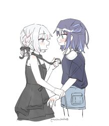 2girls black_bow black_dress black_shirt blue_eyes blue_shorts blush bow bracelet braid braided_hair_rings cho_kaguya-hime! commentary_request cropped_legs dress earphones_around_neck face-to-face green_eyes hair_bow hair_rings highres holding_another's_wrist jewelry korean_commentary looking_at_another multiple_girls open_mouth partially_colored runami_yachiyo runami_yachiyo_(wego) sakayori_iroha sakayori_iroha_(wego) shirt short_hair shorts sleeveless sleeveless_dress smile twitter_username violet_eyes wavy_mouth wheloo3rd white_sleeves yuri 