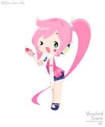  1girl black_shoes black_skirt blush_stickers bon_bon_eee chibi chibi_only commentary copyright_name detached_sleeves english_commentary facial_mark food frilled_skirt frills fruit full_body green_eyes headset high_ponytail highres holding holding_food holding_fruit jacket long_hair looking_at_viewer number_tattoo one_eye_closed open_mouth pink_hair pink_jacket ponytail red_nails shoes shoulder_tattoo simple_background skirt sleeveless sleeveless_jacket solo standing star_(symbol) star_facial_mark strawberry tattoo twitter_username uni_(vocaloid) vocaloid white_background 