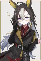  1girl absurdres ahoge animal_ears black_jacket blue_eyes brown_hair coat collared_shirt commentary_request dream_journey_(reminder_of_dreamland)_(umamusume) dream_journey_(umamusume) eyewear_strap glasses gloves hair_between_eyes highres horse_ears horse_girl jacket jewelry korean_commentary long_hair long_sleeves looking_at_viewer multicolored_hair multiple_rings necktie open_mouth puffy_sleeves red_nails red_shirt ring shirt single_glove skirt smile solo umamusume user_azhv4787 white_hair 