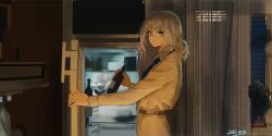  1girl absurdres an-94_(antje)_(girls'_frontline) an-94_(girls'_frontline) belt black_necktie blue_eyes bottle closed_mouth collared_shirt commentary_request cowboy_shot dated dim_lighting girls_frontline glasses grey_hair highres holding holding_bottle indoors kitchen long_sleeves looking_at_viewer medium_hair mixed-language_commentary necktie night official_alternate_costume official_alternate_hairstyle pants refrigerator refrigerator_interior russian_commentary shirt solo user_jyux3852 white_pants white_shirt 
