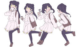  1girl bag black_hair black_pantyhose blunt_bangs bread bread_slice brown_shoes buttons closed_mouth commentary_request double-breasted double_bun eating food food_in_mouth full_body hair_bun holding holding_food holding_phone kyu-kurarin_(cevio) long_hair long_sleeves mouth_hold multiple_views nise_dorothia open_mouth original pantyhose phone pleated_skirt sailor_collar school_bag school_uniform serafuku shirt shoes simple_background skirt standing standing_on_one_leg sweatdrop teeth toast toast_in_mouth twintails upper_teeth_only white_background white_sailor_collar white_serafuku white_shirt white_skirt yellow_eyes 