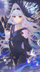 1girl arknights bare_shoulders black_dress black_hat black_pantyhose breasts cleavage_cutout clothing_cutout cowboy_shot detached_sleeves dress grey_hair hat hat_ornament highres holding holding_staff long_hair official_alternate_costume pantyhose red_eyes sleeveless small_breasts smile solo specter_(arknights) specter_the_unchained_(arknights) staff yamiiv 